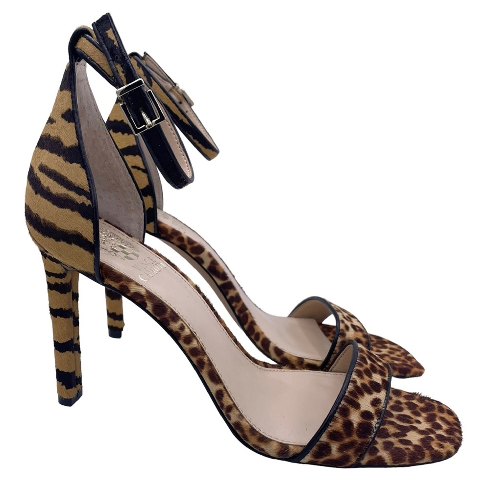 Vince Camuto cow hair animal print open toe ankle strap heels women Size 8